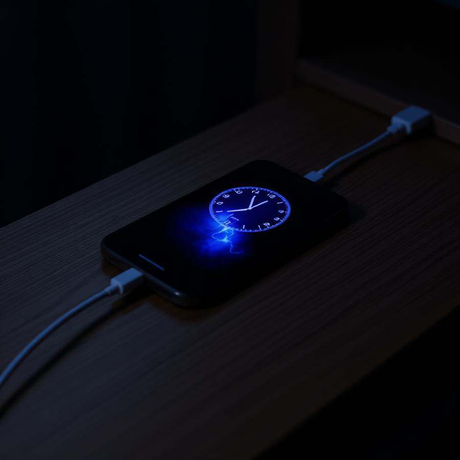 Phone charging on a nightstand at night with a glowing clock screen
